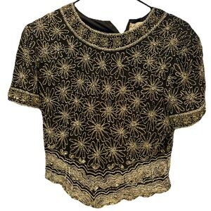 Woman’s ladies Elegant Black vintage shirt top beaded black tie floral size M